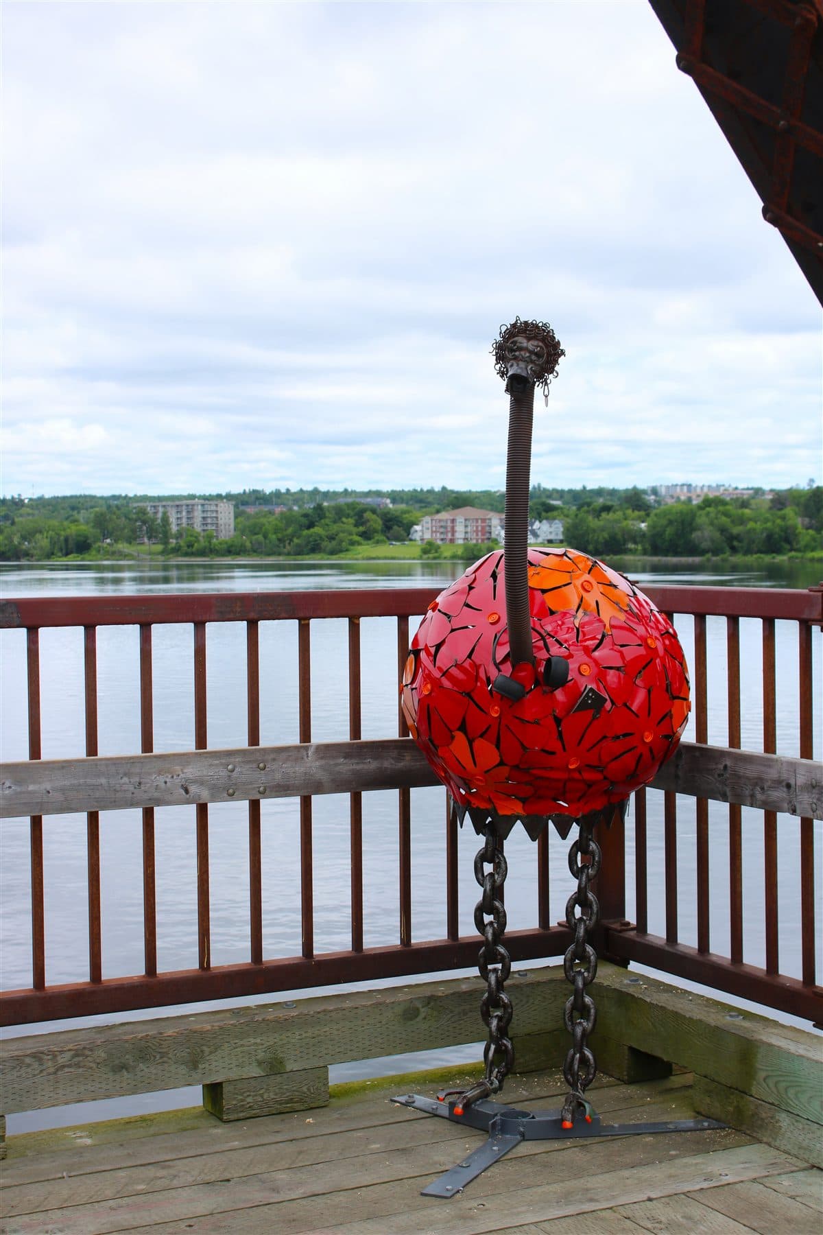 Bertha by Jean Hudson, a seven-foot ostrich sculpture in reclaimed metal on the Bill Thorpe Walking Bridge