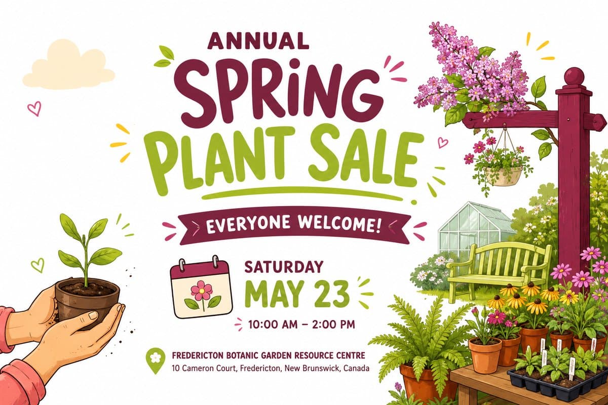 Annual Spring Plant Sale at Fredericton Botanic Garden, Saturday May 23 10am-2pm, 10 Cameron Court, illustrated with hands holding a seedling alongside lilacs, potted perennials, ferns, and a greenhouse.