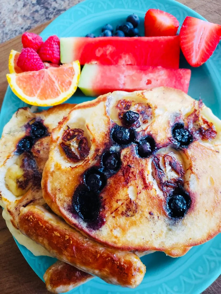 Wild blueberry and banana pancakes at Carriage House Inn